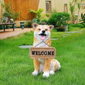 Akita Statue Outdoor Decorations – Dog Statues Outdoor Sitting Akita with Hanging Solar Light and Welcome Sign with Replaceable Solar Light & Welcome Sign for Porch Décor