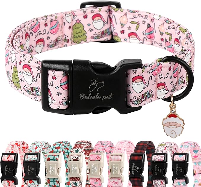 Christmas Dog Collar for Puppy Small Dogs - Cute Santa Print Pink Christmas Collars for Dogs, Soft Adjustable Winter Holiday Dog Collars with Quick Release Buckle XS