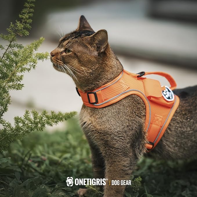OneTigris Cat Harness and Leash - Escape Proof Soft Adjustable Kitten Harness, Breathable, Comfortable, Durable Water-Resistant Tactical Vest with Reflective Strips and Pocket for Cat Tracker