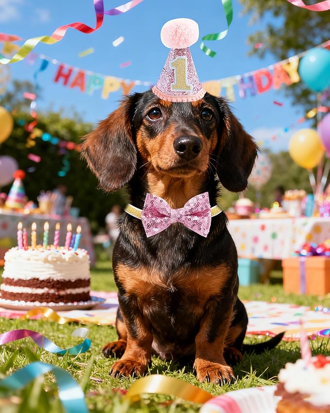 PET SHOW Small Dog Birthday Party Hat for Pets 1-Year-Old Birthday Party Cat Kitten Headband Hats Grooming Accessories Pink Set