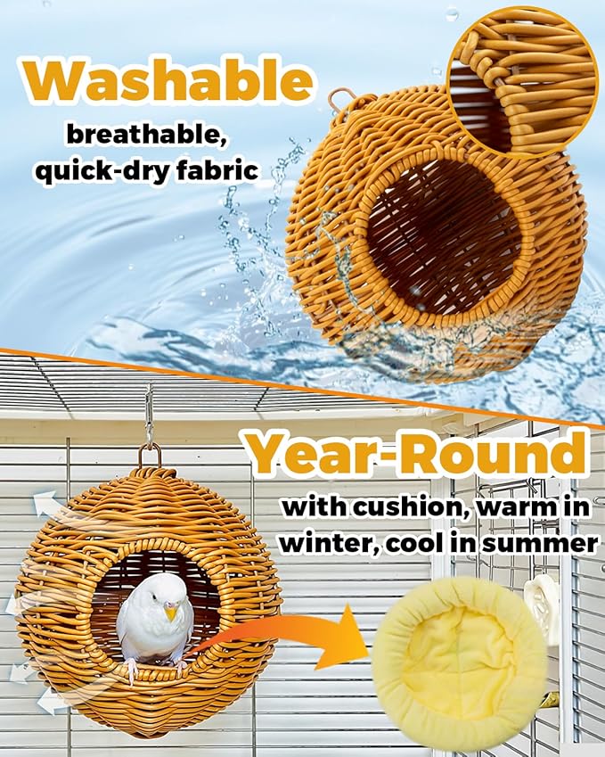Chewproof Steel Frame Bird Nest for Cage for Gentle Sway with Cushion, Washable Small Bird Bed Hammock Hideout Lay Eggs Parakeet Nest Sleep, Parakeet Warm Bed House for Lovebird, Budgie, Finch