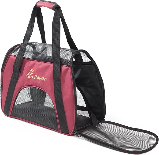 Pawer Soft-Sided Pet Carrier for Cat and Small Dog,Burgundy Color,Medium Size,Washable Cloth Airline Approved Travel Tote,with 2 Mesh Opens and a Strap for Carry,Multiple Colors Available