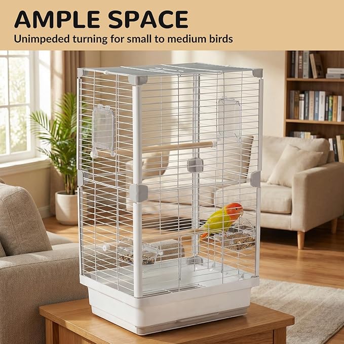 24" Portable Double-Layer Bird Cage, Travel Parrot Carrier with Handle for Vet Visits, Short Trips, White Metal Mesh Cage, for Parakeets, Cockatiels, Lovebirds, Small to Medium Birds