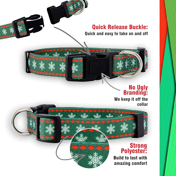 Native Pup Christmas Dog Collar- Winter Holiday Collars for Pets- Xmas Gift for Puppy- Santa, Reindeer, Snowman, Candy Cane, Red Green- Girl Boy- Small, Medium, Large Breeds (Green Snowflake, Small)