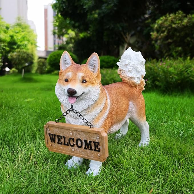 Akita Statue Outdoor Decorations – Dog Statues Outdoor Standing Yellow Akita with Replaceable Solar Light & Welcome Sign for Porch Décor