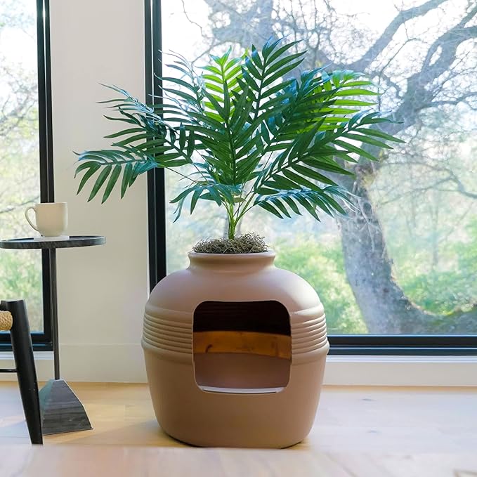 Good Pet Stuff Hidden Litter Box Planter, Decorative Cat Litter Enclosure with Carbon Filter, Artificial Plant, Easy Clean, Indoor Design, Original Round Style, Essentials Kit, Mocha Brown