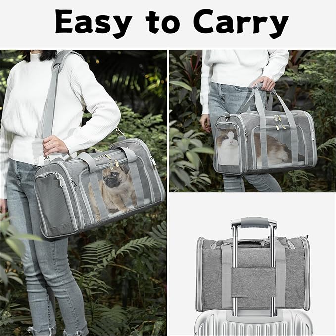 Soft-Sided Cat/Dog/Pet Carrier, Collapsible Pets Travel Carriers for Big Cats/Small Dogs with Shoulder Strap & Removable Mat, Mesh Puppy Carry Bag, Up to 25 Lbs(Gray)