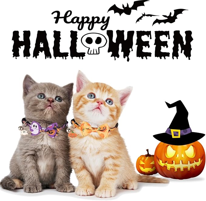ADOGGYGO Halloween Cat Collars with Bow Bell, Breakaway Kitten Collar with Bowtie Pumpkin Ghost Halloween Collar for Girl Boy Cats Kittens