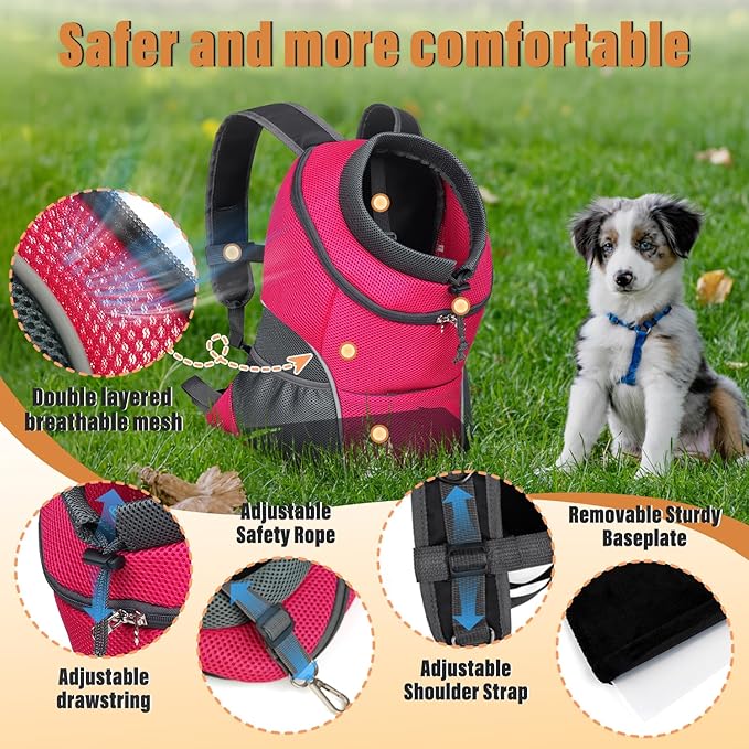 YUDODO Dog Front Carrier Backpack, Adjustable Breathable Pet Carrier for Small Dogs, Ventilated Puppy Back Pack with Safety Belt, Lightweight Doggy Backpack for Hiking Outdoor (Rose, M)