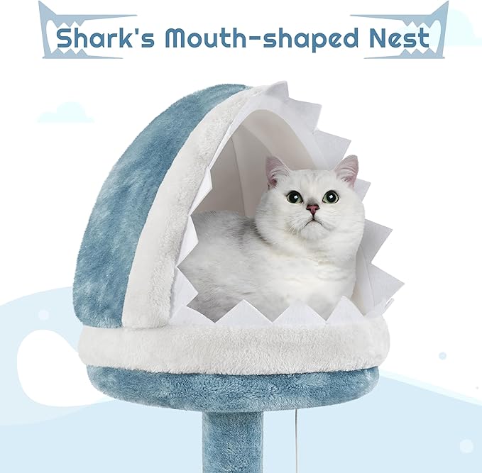 Yaheetech Cat Tree, 72.5inch Ocean-Themed Cat Tower, Multi-Level Large Cat Tree for Indoor Cats with Shark's Mouth Bed & 2 Big Condos & 2 Wide Perches & Funny Toys, Blue & White