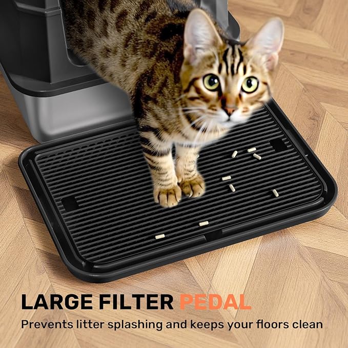 Stainless Steel Litter Box with Lid, Anti-Leakage Enclosed Metal Litter Box, Flip-Top Extra Large Kitty Litter Pan with Scoop & Pedal, Odor Free, Front & Top Dual Entry, Black