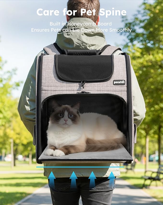 Pecute Cat Backpack Carrier XL, ExpandablePet Backpack for Cats & Small Dogs Up to 15lbs, with 4-Side Breathable Mesh, Multi-Entry & Lockable Zippers for Travel, Hiking, Camping - Hands Free, Khaki