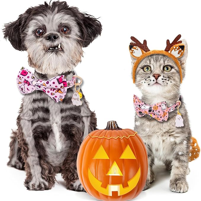 Faygarsle 2 Pack Breakaway Cat Collar Collection - Ghosts Pattern Cat Collar with Bell - Seasonal Holiday Bowtie - Fall - Pink, Purple