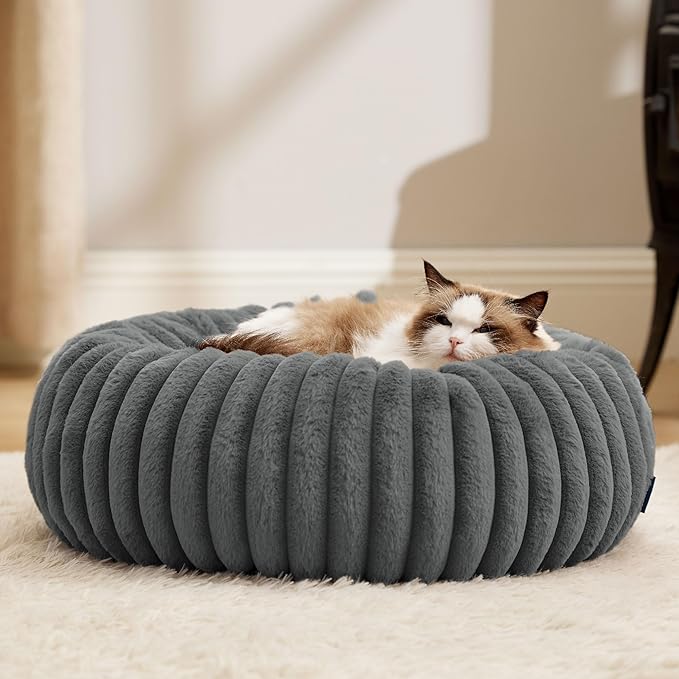 Bedsure ComfyFleece™ Cat beds for Indoor Cats - Donut Dog Beds for Small Dogs with Corduroy Fleece & Anti Slip Bottom, Faux Fur Pet Beds with Washable Removable Cover, Warm Grey, 20x20x6 inches