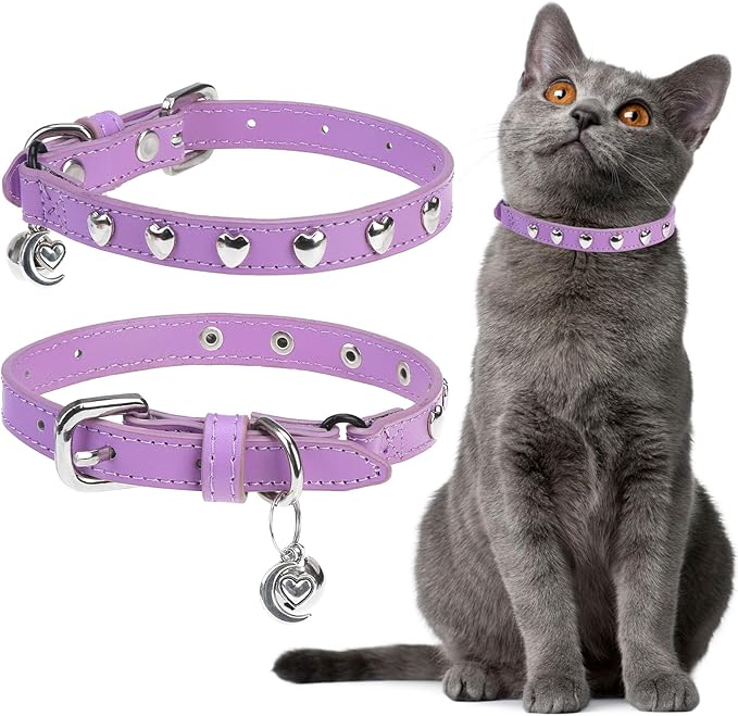 EXPAWLORER Leather Cat Collar for Girl Boy- Adjustable Pet Collar with Safety Elastic Belt,Personalized Heart Accessories Buckle Collars with Bell & Durable D-Ring,Heart (Purple)