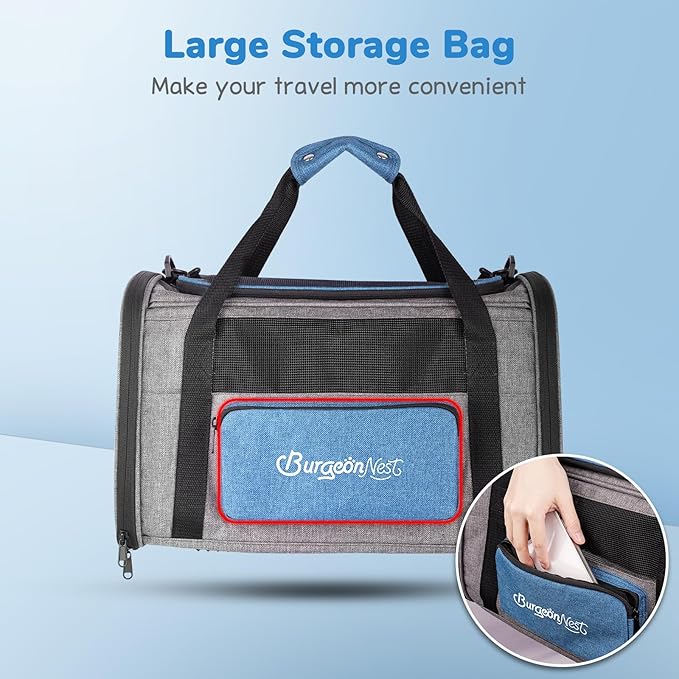BurgeonNest Cat Carrier, Airline Approved Dog Carrier, Soft Sided Cat Pet Carrier for Small Medium Cats Dogs Under 10 lbs with Side Bag, Collapsible Travel Kitten Puppy Carriers, Blue