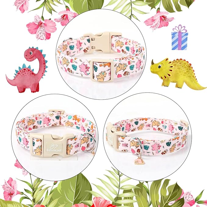 Cute Dinosaur Dog Collar, Adjustable Pink Dino Dog Collars for Small Dogs, Lightweight Quick-Release Buckle Birthday Collar for Boy&Girl Dogs S