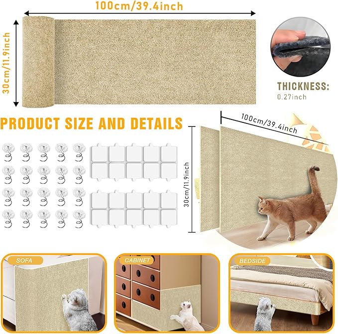 Cat Scratch Mat, 3PCS 39.4"x11.9" DIY Trimmable Self-Adhesive Cats Scratching Mat, Couch Protector from Cats Claw, Cat Scratch Furniture Protector Or Couch Protector (Beige)