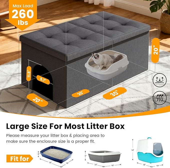3-in-1 Cat Litter Box Enclosure with Odor Control, Multi-Functional Hidden Litter Box Furniture Bench, Dog Proof, Space-Saving Ottoman Cabinet with Flip-Up Lid, Extra Large, Dark Grey
