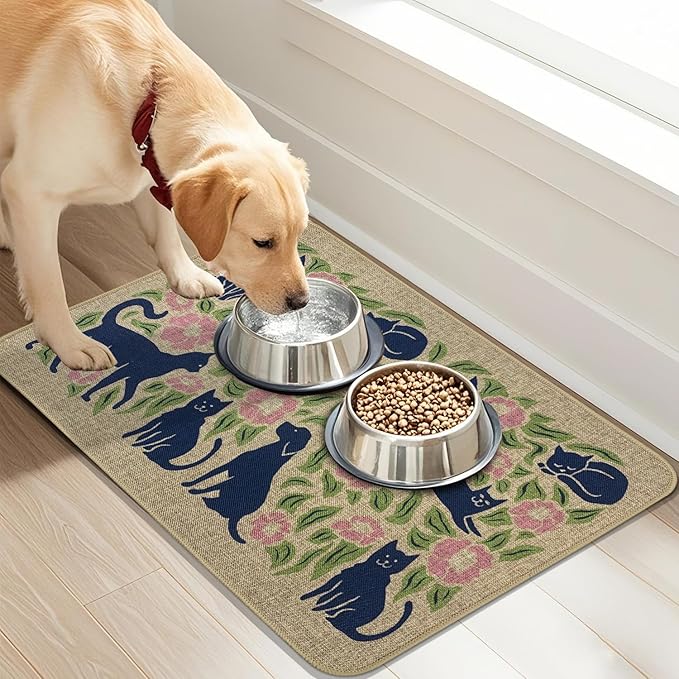SHIYUE Dog Food Mats for Floors, Absorbent Cat Bowl for Food and Water, Non-Slip Accessories Pet Supplies(12"x20",Beige Animal Flower)