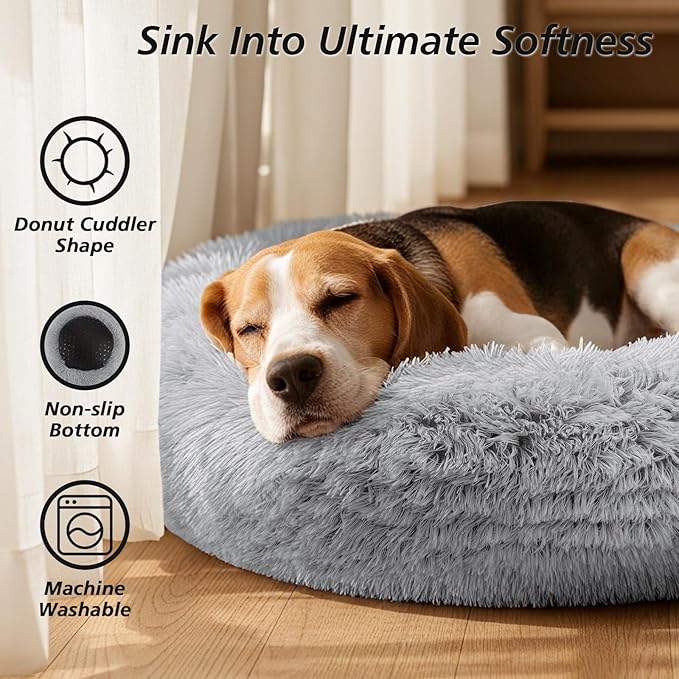 JOLLYVOGUE Calming Dog Bed Large Size Dog, Anti-Anxiety Donut Large Pet Bed, 36 inches Fluffy Faux Fur Round Cat Bed, Fits up to 75 lbs Pets (Smoke Grey)