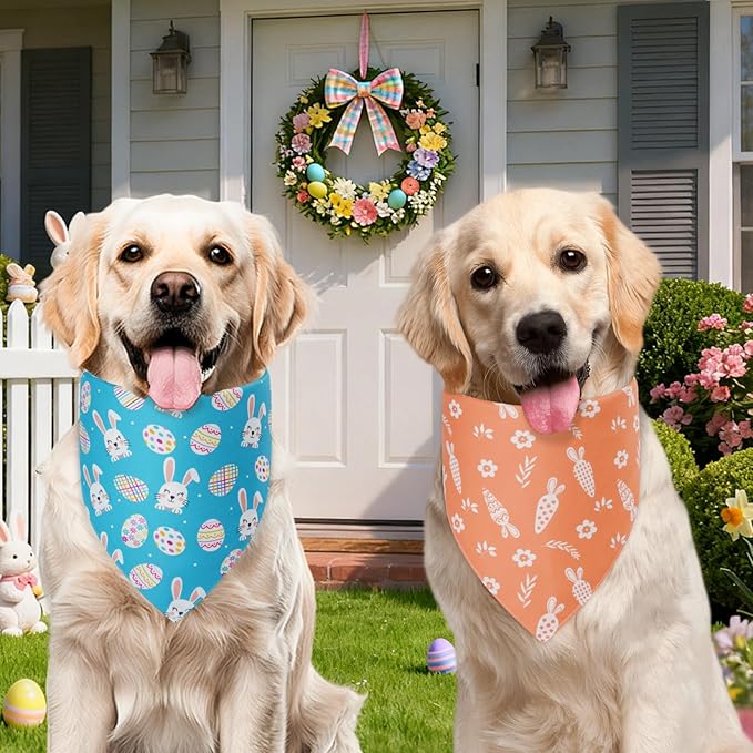 Easter Dog Bandanas Large 2PCS, 4 Pattern Colorful Scarf for Boy and Girl, Triangle Reversible Bibs Breed for Puppy Cats Pets