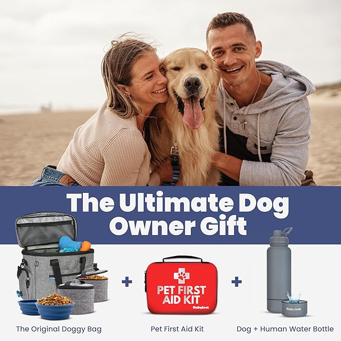 The Original Doggy Bag™ - Complete Dog Travel Bag for Supplies with 2 BPA-Free Travel Dog Bowls & 2 Pet Food Containers - Traveling Kit for Road Trips, Camping, Weekend Away or Doggy Gift: Grey
