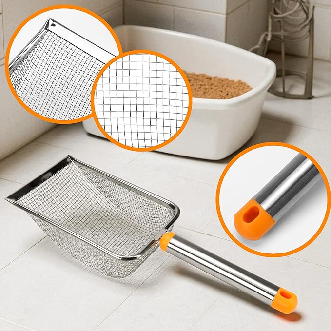 Cat Litter Scoop Stainless Steel Mesh Scooper with Long Handle, Deep Shovel Non-Stick Coated Metal for Box Kitten Pooper Lifter, Regular Scoop, Sifting Poop, Non-Slip Grip, Easy Clean, Hole: 2.8mm