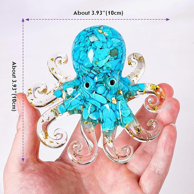 Octopus Decor Aquarium Turquoise Decorative Resin Glass with Natural Crystal Stone Marine Animals Fish Tank Ornaments Statue Healing Home Decor Ladies Gift 3.93"