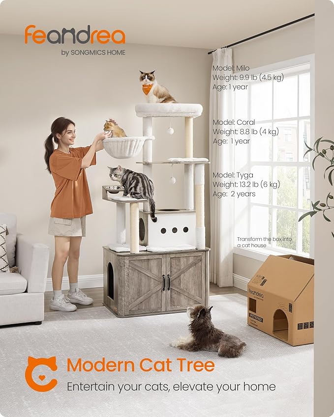 Feandrea Cat Tree, 66.9-Inch Cat Tower with Litter Box Enclosure, Large Condo with Food Station, Storage, Scratching Posts, Cave, Hammock, Washable Cushions, Heather Greige UPCT169K02