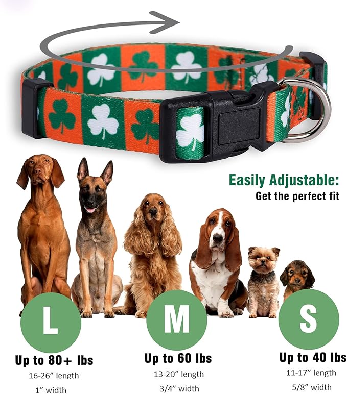 Native Pup St Patricks Dog Collar- Saint Patrick Green Shamrock Pet Collars- St. Patrick’s Lucky Irish- Adjustable for Small, Medium, Large Breeds (Green & Orange Shamrock, Large)