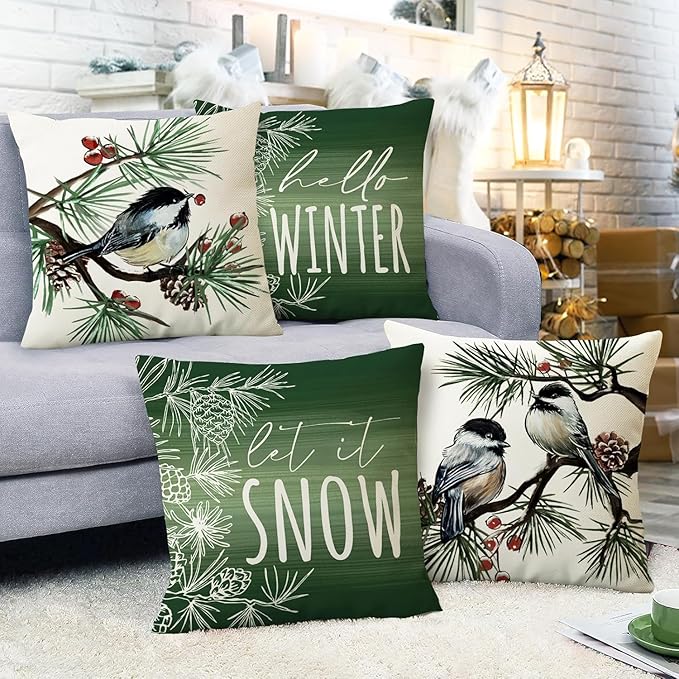 Fahrendom Hello Winter Green Decorative Throw Pillow Covers 20 x 20 Set of 4, Chickadee Pine Needle Branch Porch Patio Outdoor Pillowcase, Christmas Pine Cone Red Berry Sofa Cushion Case Home Decor