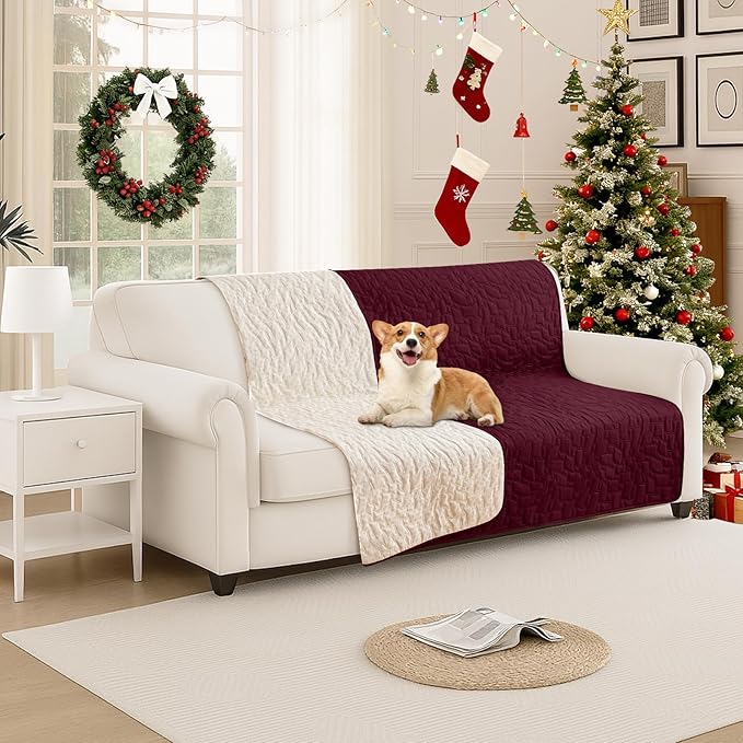Waterproof Dog Bed Cover, Non-Slip Dog Blanket for Couch, Couch Covers for Dogs Washable, Pet Blanket for Furniture, Pet Bed Mat for Sofa, Car, Pet Supplies Christmas (52x82 Inch, Burgundy)