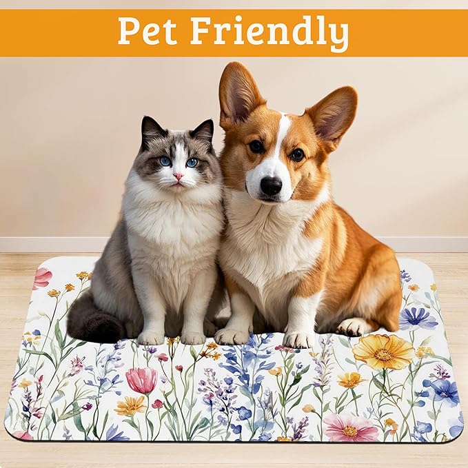 Flowers Butterfly Dog Food Mat,Colorful Absorbent Pet Feeding Mat for Food and Water Bowl,Quick Dry Dog Placemat Non Slip Rubber Backing Waterproof Pet Supplies 12" x 20"