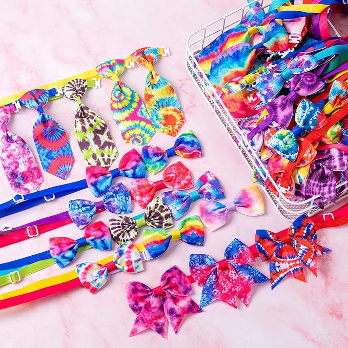 Reginary 100 Pieces Dog Bow Tie Collar Set Include 40 Dog Neckties, and 30 Puppy Bowties, 30 Collar Flowers, Adjustable Pet Ties Grooming for Small Medium Cats Pets Supply(Tie-dye)