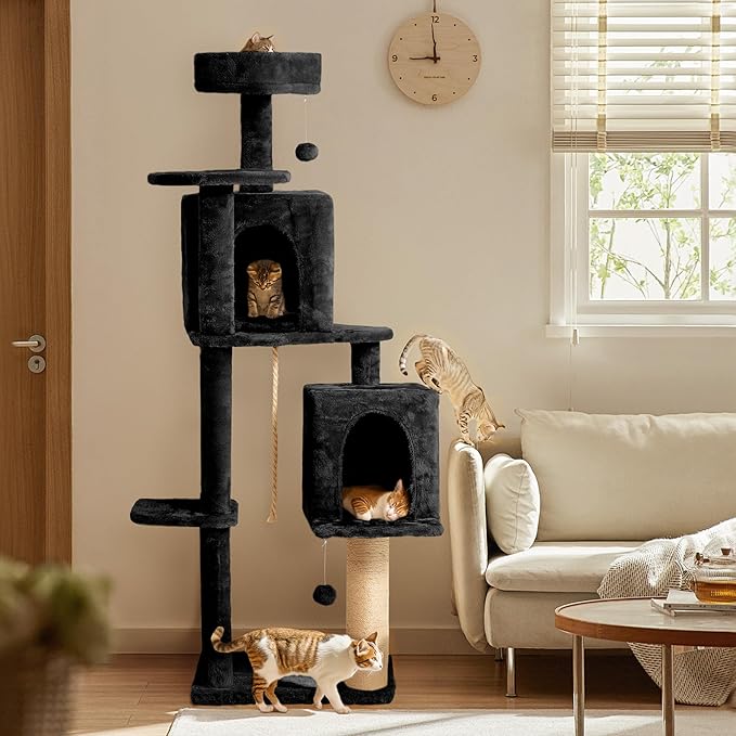 56-Inch Cat Tree for Large Cats, Multi-Level Cat Tower with 2 Condos, Sisal Scratching Posts & Hanging Toys – Sturdy Cat Furniture for Indoor Cats, Space-Saving Design (Easy Assembly), Black