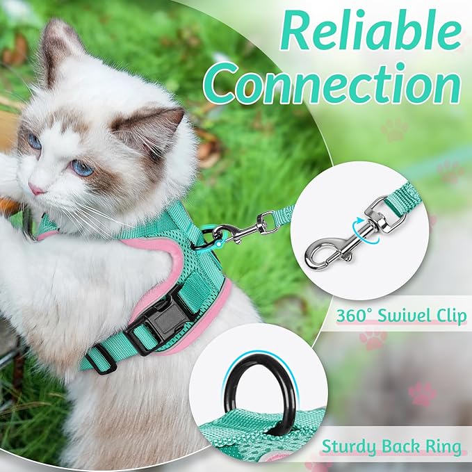 rabbitgoo Cat Harness and Leash for Walking, Escape Proof Soft Adjustable Vest Harnesses for Cats, Easy Control Breathable Reflective Strips Jacket, Green&Pink, XS