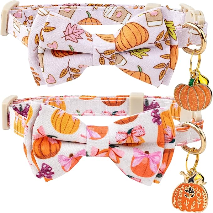 Faygarsle 2 Pack Fall Pumpkin Cat Collar with Bow Tie and Bell, Breakaway Safety Buckle, Pink and White