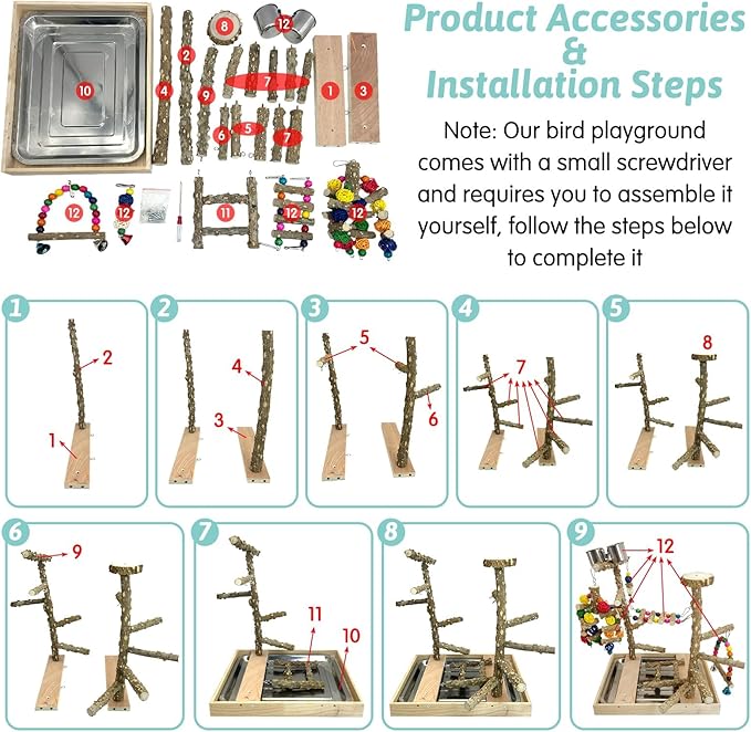 PINVNBY Bird Playground Natural Wood Parrot Perch Stand Bird Play Gym Colorful Ladder Swing Chewing Toys with Metal Tray and 2 Stainless Steel Cups Cage Accessories for Conure Cockatiel Parakeet