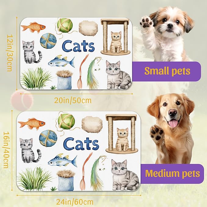 Cat Fun Pet Feeding Mat, Absorbent Bowl Pad for Dogs and Cats, Fast Dry, Non-Slip Back, Indoor Use – 12x20 Inch
