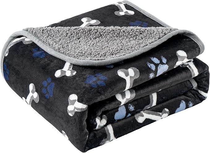Waterproof Dog Blankets Pet Blanket 50"x60", Soft Fluffy Sofa Car Bed Protector, Reversible Sherpa Fleece Dog Blanket for Large Dogs (Navy Paws)