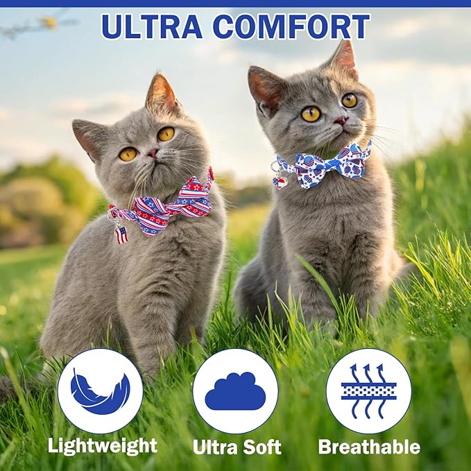 American Flag Cat Collar with Bell Bow Tie Star Breakaway for 4th of July Independence Day, Adjustable Safety Kitten Collars with Removable Bowtie & Charm for Boys Girls Male Female Cats