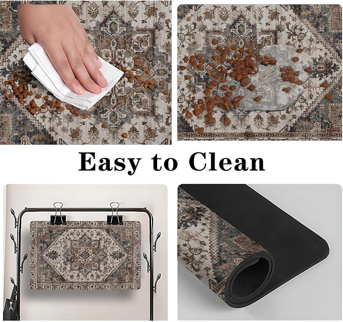 Dog Food Mats for Floors, Absorbent and Quick-Drying Pet Cat Food Mat,Anti-Fouling and Easy-to-Clean Pet Feeding Mat,Dog Bowl Mat for Messy Drinking Water Bowls.17 x27, Bohemia Style