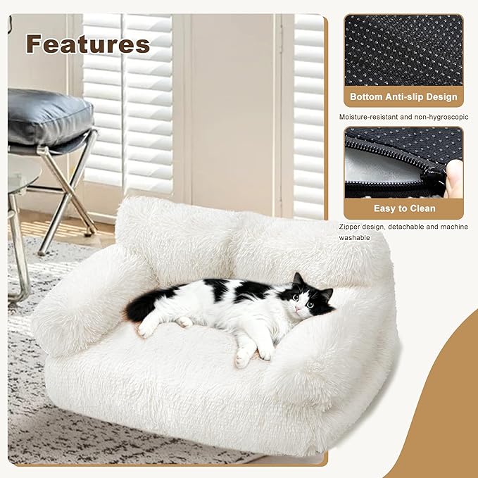 Large Cat Beds for Indoor Cats, Dog Couch Bed, Cute Cat Couch Sofas for Less 20lbs Kitten Puppy, Small Dog Sofas & Chairs with Removable Washable Cover, Soft Warm Pet Furniture, Plush White