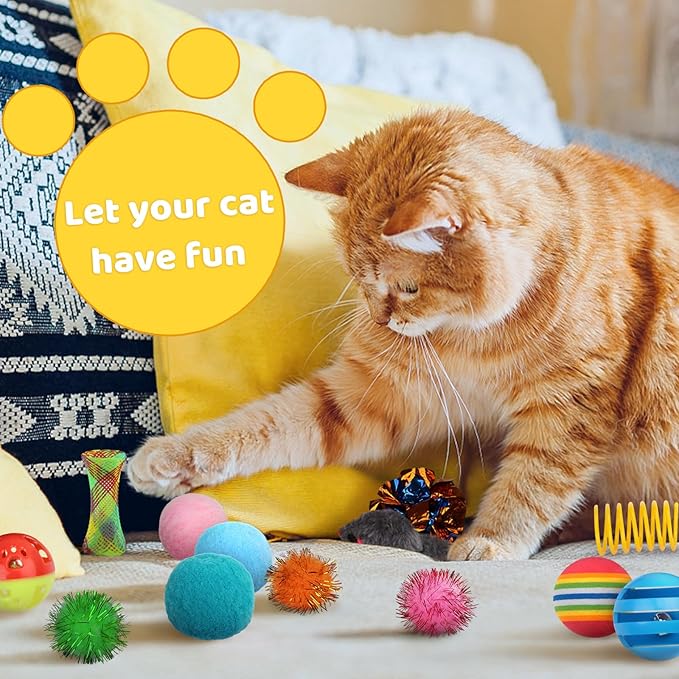 Kitten Toys, 60PCS Cat Balls Springs Toy Set, Cat Mouse Toy, Kitten Sparkle Crinkle Balls Furry Soft Pom Pom