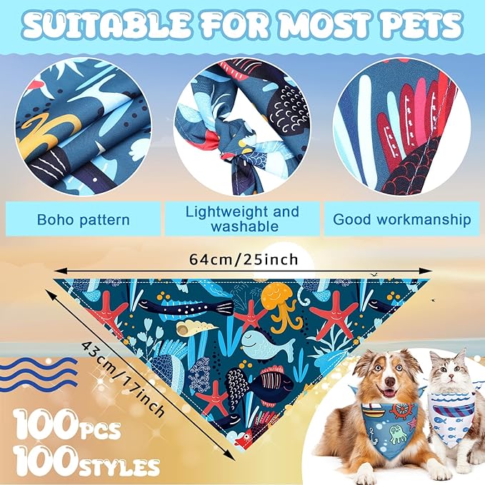 100 Pcs Ocean Dog Bandanas Bulk Pet Bibs Colorful Triangle Pet Ocean Scarf Bandanas for Medium Large Dogs Birthday Summer Beach Holiday Costume Decor