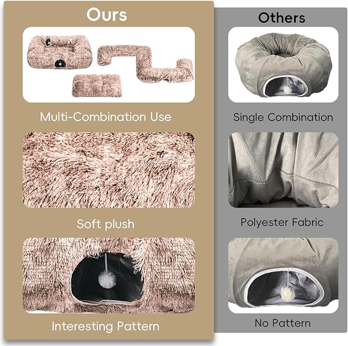Extra Large Cat Tunnel Bed, 4 Ways Tunnels for Indoor Cats, Multi-cat Family Pet Bed & Cave, Plush Cat Donut with Washable Middle Mat, Exit Balls, Pet Play Toy for Kitten Puppy Rabbit, Brown