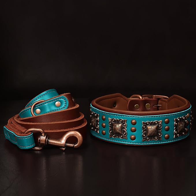 PET ARTIST Genuine Leather Dog Collar for Large Dogs, 2 inch Wide Luxury Dog Collar with Rivet Studded & Metal Buckle, Comfortable & Stylish Pet Collars for Great Dane Rottweiler,Green,Neck 22-25"
