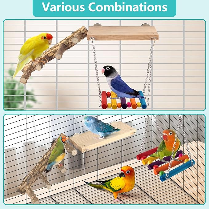 3in1 Bird Perch Toys for Parrots, Wooden Ladder Perch for Cage, Parrot Platform Stand Colourful Swing Hammock Climbing Bridge Exercise Cage Accessories for Budgies Cockatiels Lovebirds Hamster