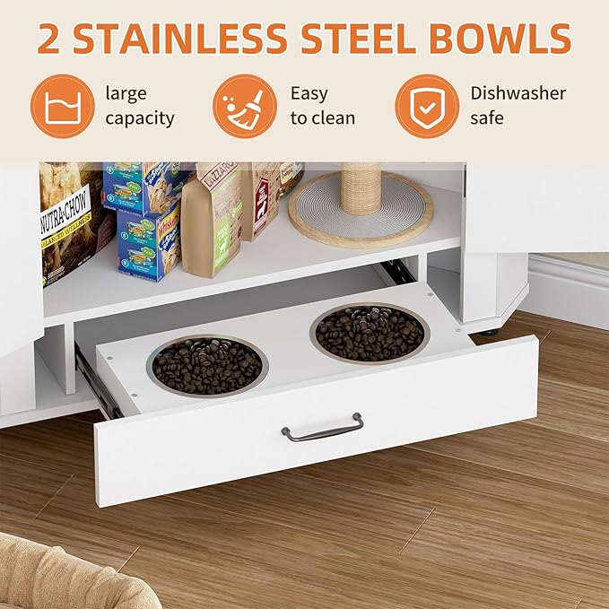 PakaLife Farmhouse Dog Food Storage Corner Cabinet, Dog Feeding Station with 2 Hidden Bowls, Adjustable Panel, 4 Hooks, Pet Feeding Station Corner Cabinet for Medium, Small Sized Dogs